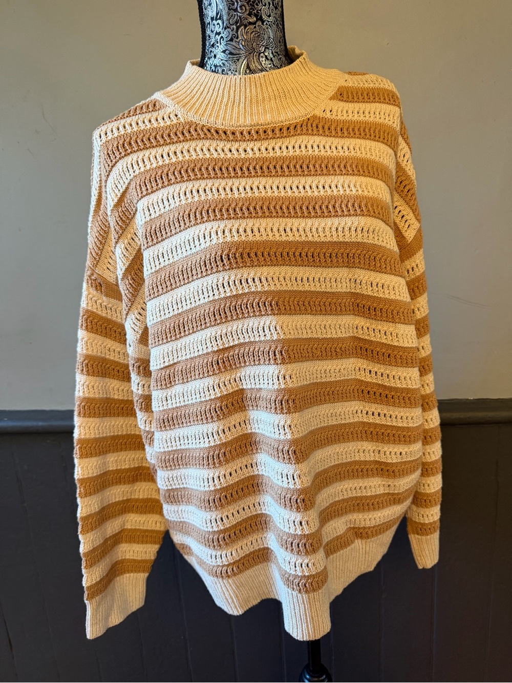 Time and Tru Cream and Tan Striped Open-Knit Turtleneck Sweater
